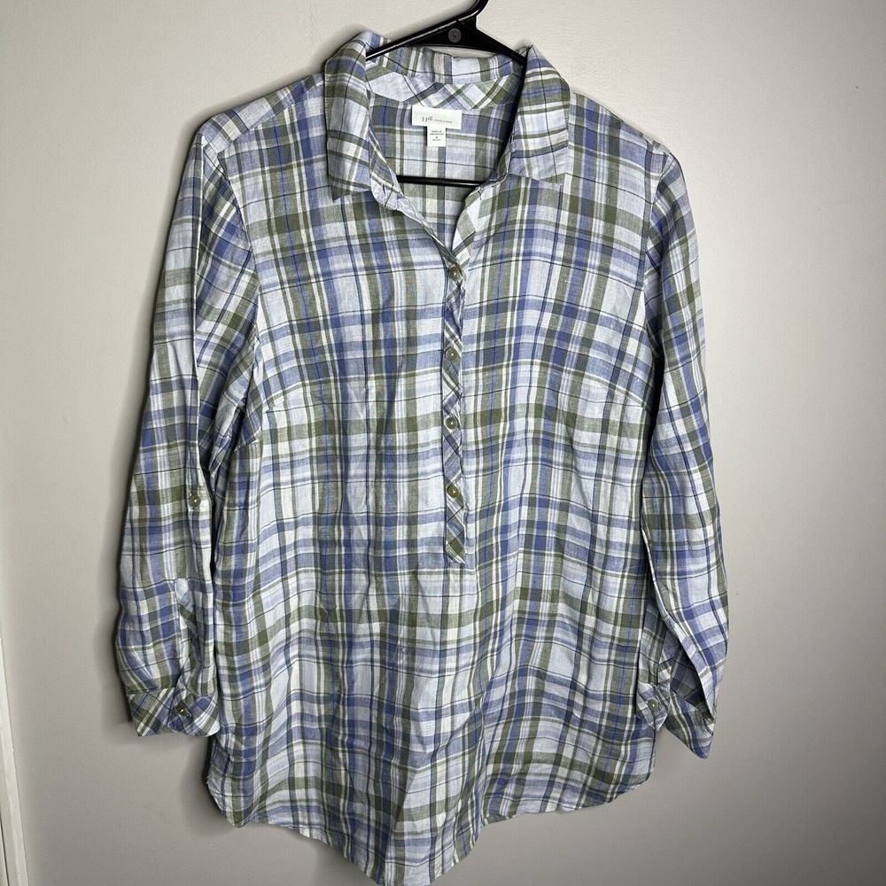 Women's J. Jill Size MP Love Linen Love Sleeve Plaid Tunic‎ Pockets